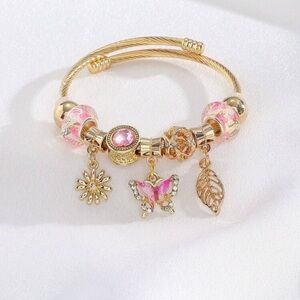 Gold-Plated Pink Floral Charm Bangle Bracelet